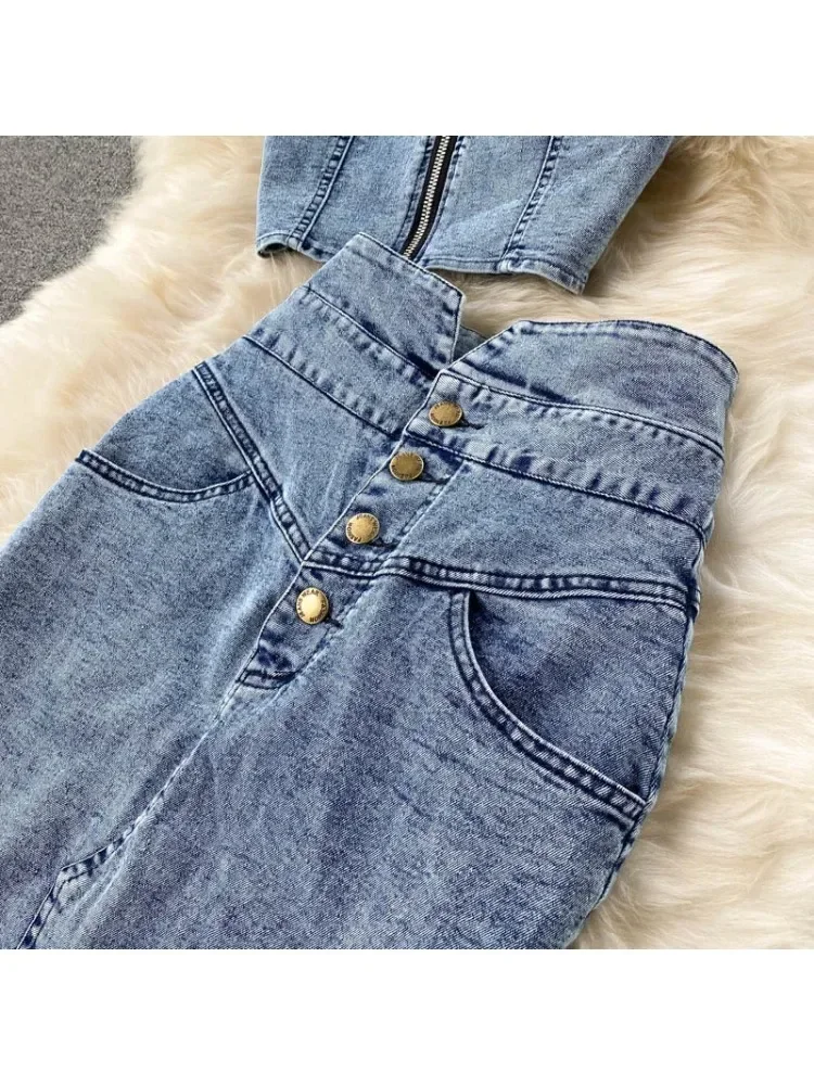 Women Two 2 Piece Set Sexy V-Neck Jeans Vest+High Waist Button-up Denim Skirts Korean Style Office Lady Sleeveless Suits Z316