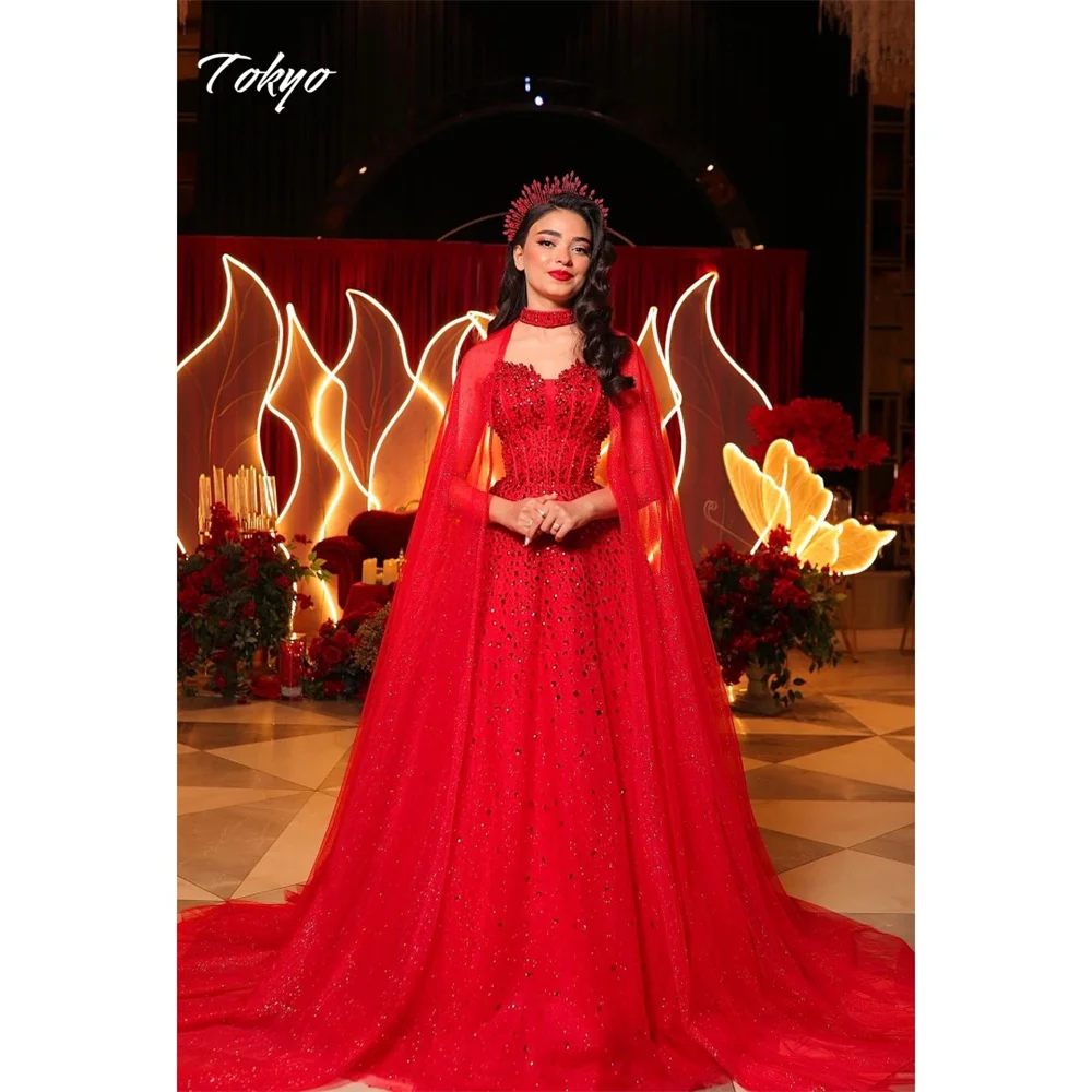 Tóquio personalizado vermelho querida necklink vestidos de casamento xale a linha diamante vestidos de noiva elegante tribunal trem vestidos de casamento