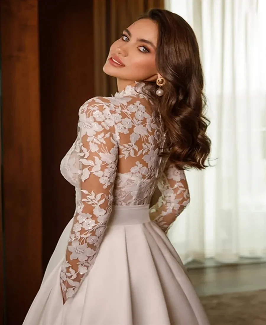 2027 Customized Sexy Illusion High Collar Delicate Lace A Line Wedding Dress For Bride Elegant Satin Long Sleeve Modern Bridal
