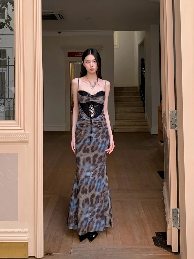 CHEERART Leopard Print Bodycon Long Dress 2025 Woman Summer Bandage Lace Tunics Ladies French Maxi Evening Dress Clothes