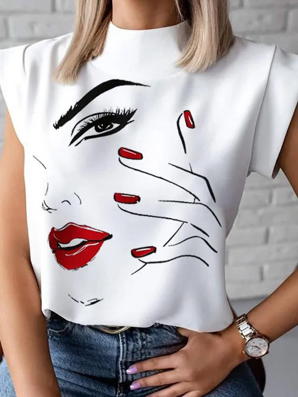 

Ele Lip Print Blouse irt for Women Faionable Cleanfit Sle ort Sve Thin Material Polyester A-Line Sve