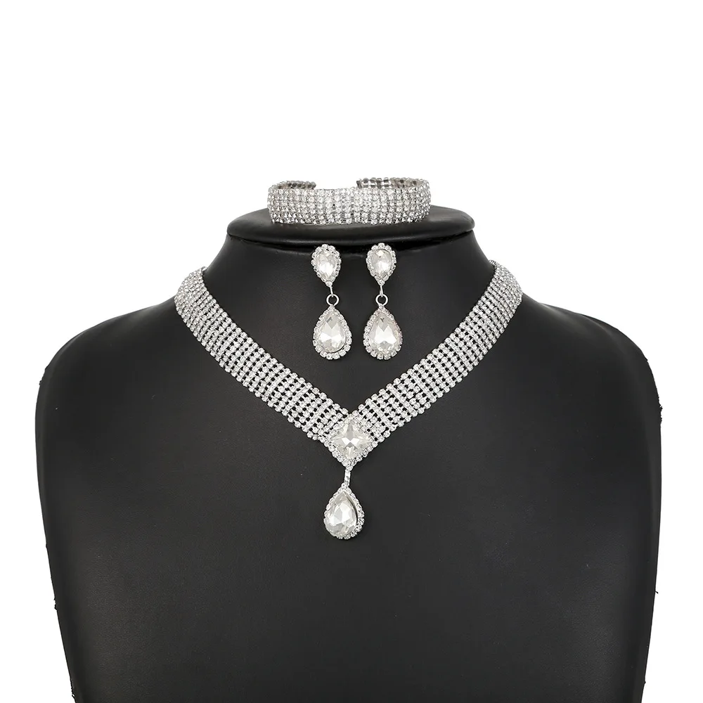 

Rhinestone claw chain glass pendant necklace three-piece bridal jewelry banquet necklace necklace