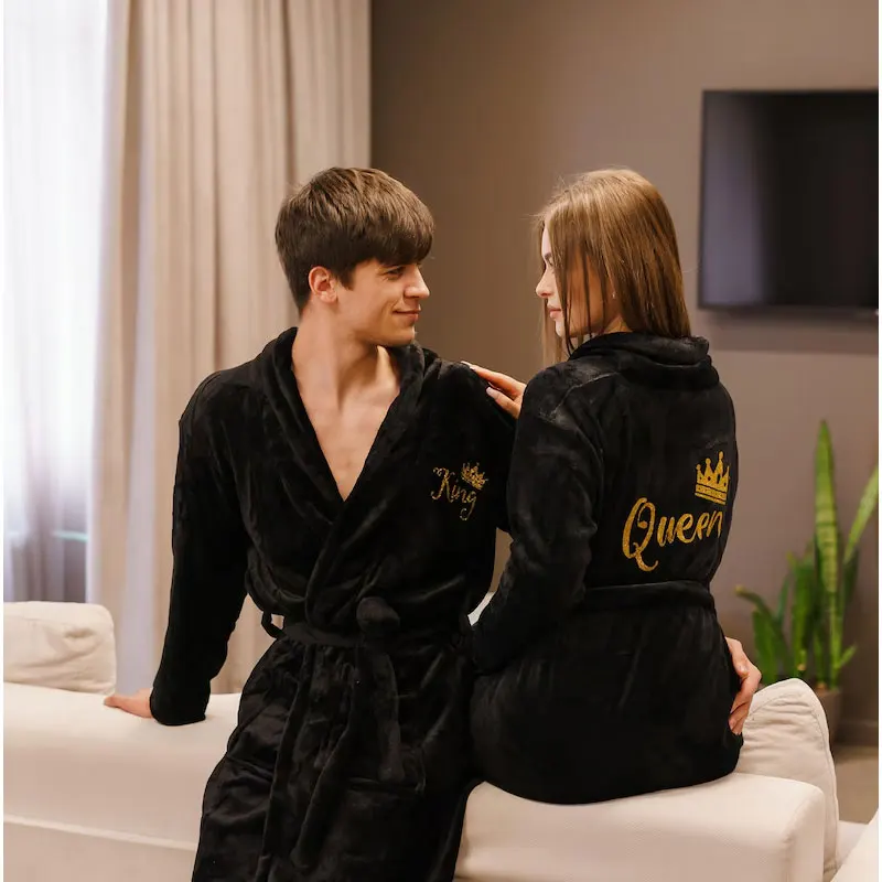 Cozy Terry เสื้อคลุมอาบน้ํา Robes สําหรับคู่เสื้อคลุมอาบน้ํา Flannel Matching King Queen Robes วันเกิดฮันนีมูนฤดูหนาวสปาเสื้อคลุมอาบน้ํา 260g/ ㎡