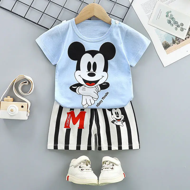 Novedad de verano, traje de chándal de manga corta + Pantalones cortos para niños pequeños, 2 uds., dibujos animados de Mickey, niños y niñas