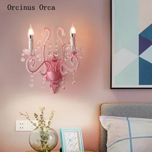 Lámpara de pared de cristal rosa coreano, lámpara de pared de habitación de princesa para dormitorio de niña, lámpara de pared decorativa romántica europea