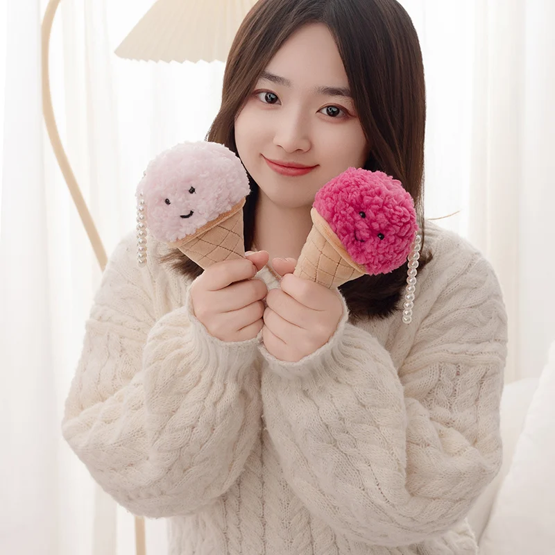 Kolorowa uśmiechnięta twarz lody w rożku wisiorek nadziewane miękkie kreskówki pluszowy breloczek brelok do kluczy z obręczą białe perły łańcuszek dodatek modowy