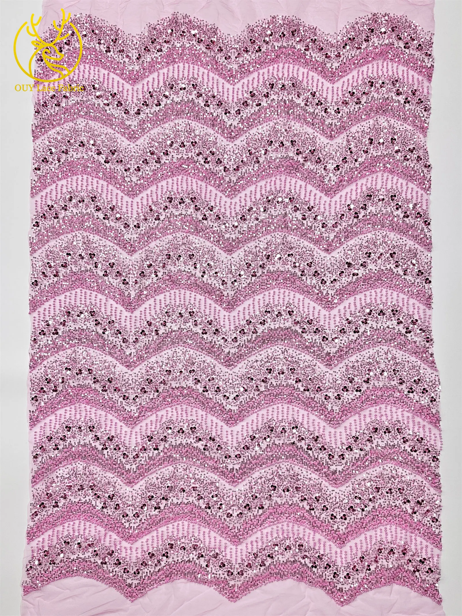 France Elegant Fashion Pink Handmade Beaded Lace Fabric 2025 Africa Nigeria Sequins Mesh Lace Fabric For Wedding Dresses 5 Yards