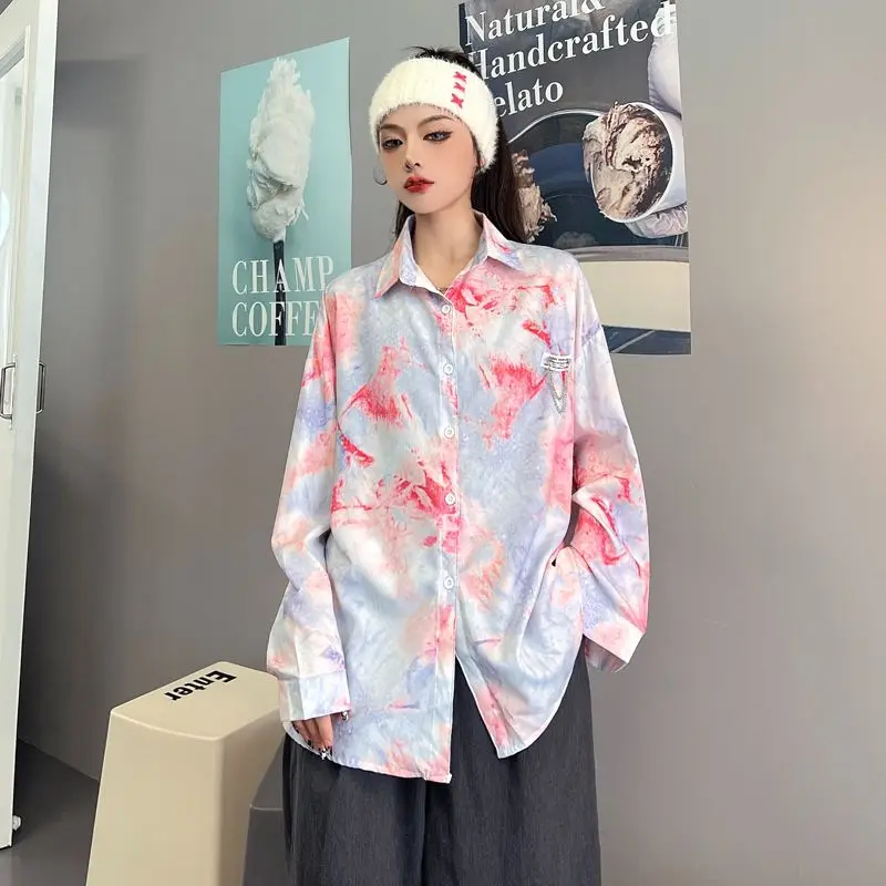 

2025 New Loose Fit Long Sleeve Women's Shirt Tie Dye Print Hong Kong Style Sun Protection Fashionable Casual Button up