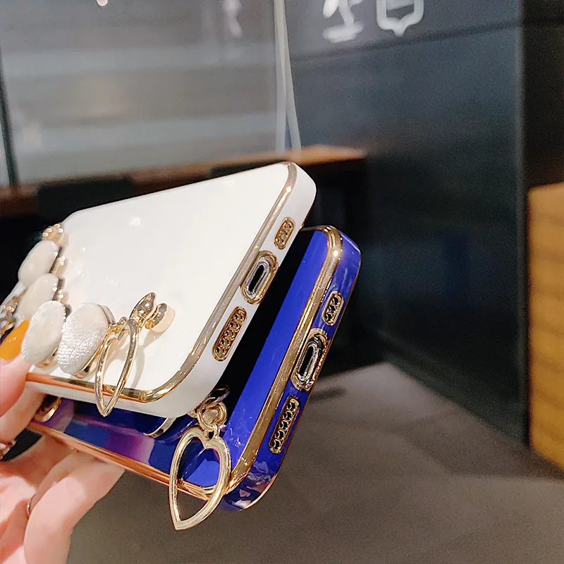 Bracelet Love Heart Plating Phone Case  For iPhone 11 12 13 14 Pro Max Mini X XR 7 8 Plus SE 3 Soft Shockproof Bumper Back Cover
