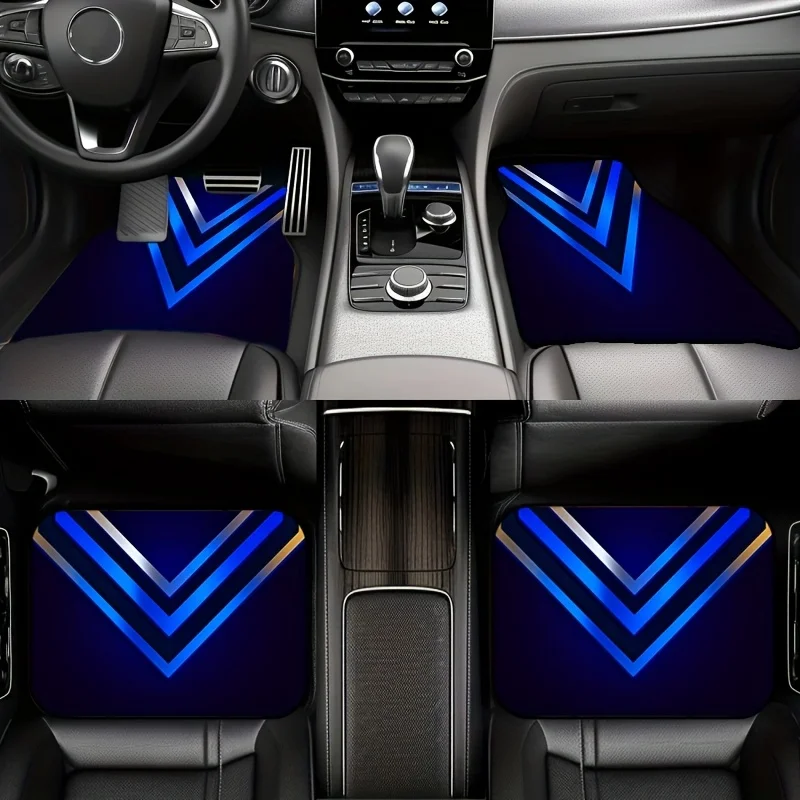 4pcs Blue Silvery V-Shaped Glow Car Mats, Trendy Mecha Style Wear-Resistant Non-Slip Universal Car Mats, Blue Silvery 3D V-Patte