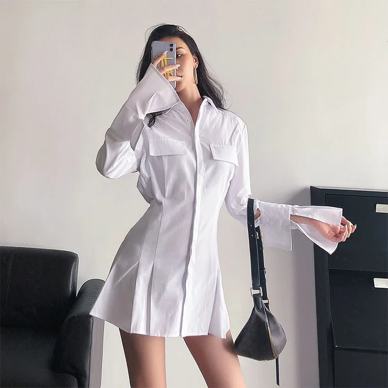 

Black Shirt Dress Women Elegant Vintage Long Sleeve Dresses Sexy Gothic Pleated Streetwear Turn-down Collar Casual Robe ER969