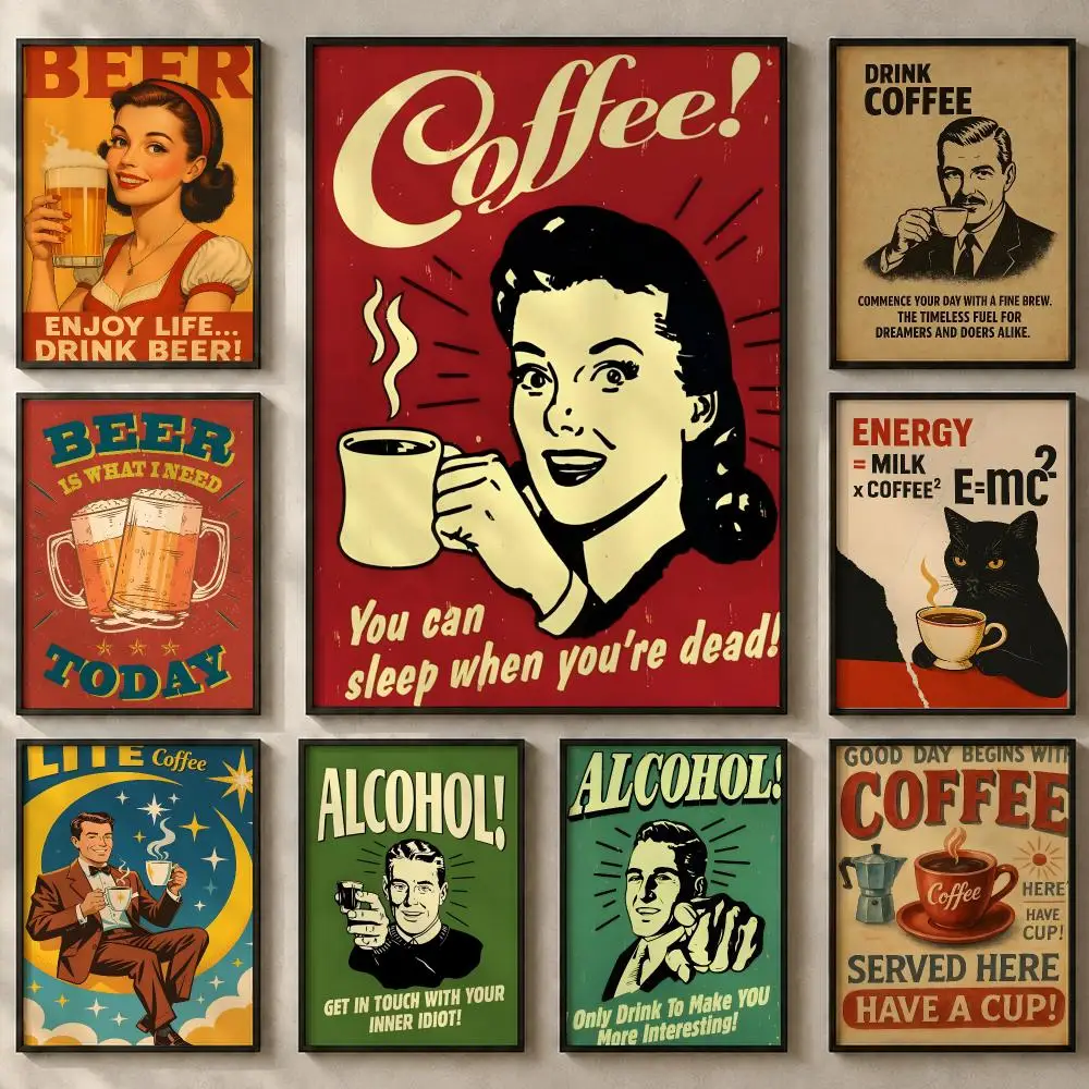 Art B-Beer Coffee CigaretteS Poster Art  Self-Adhesive No Glue Residue Wall Sticker for Home Office Nursery