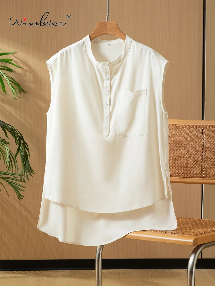 

Winsleter-100%Spun Silk Elegant Shirt, Sleevelessd Stand Pocket, Women Fashion Commute Loose Blouse, 2026 Summer New T63603CC