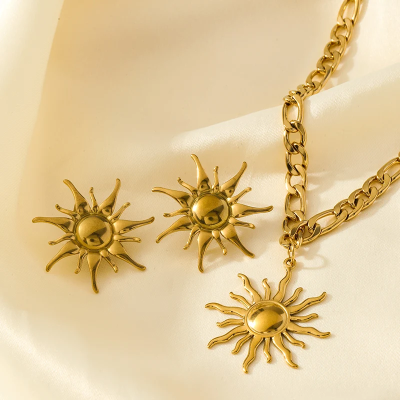 EILIECK 316L Edelstahl Vintage Sonnen-Halskette und Ohrringe Set für Damen, Trendiges 18K Vergoldetes Wasserdichtes Strand-Schmuckgeschenk – Detail 14