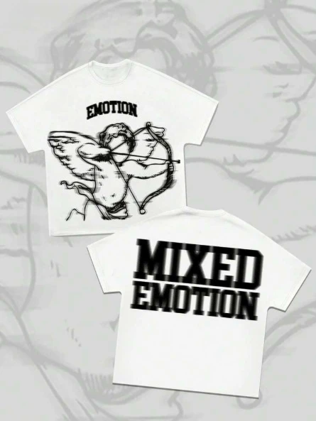 2026 Streetwear Double Sided Graphic Tshirt Bow And Angel Sketch Pattern Loose Fit Casual Crew Neck Cotton Short Sleeve Shirts