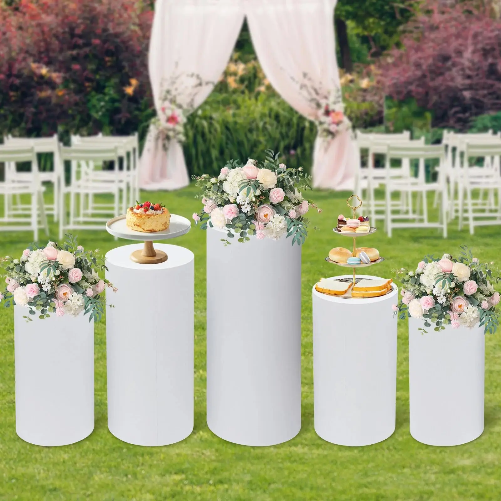 

Ringmaster 5Pcs Round Cylinder Pedestal Stands for Party, White Metal Cylinder Pedestal Display Stand Dessert Table Display Pill