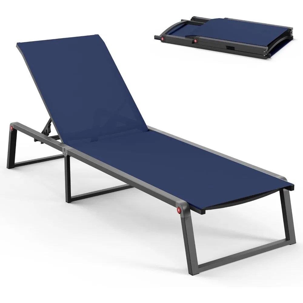 Foldable Outdoor Chaise Lounge Chair, 5-Position Recliner, Poolside Relaxation, Navy Blue
