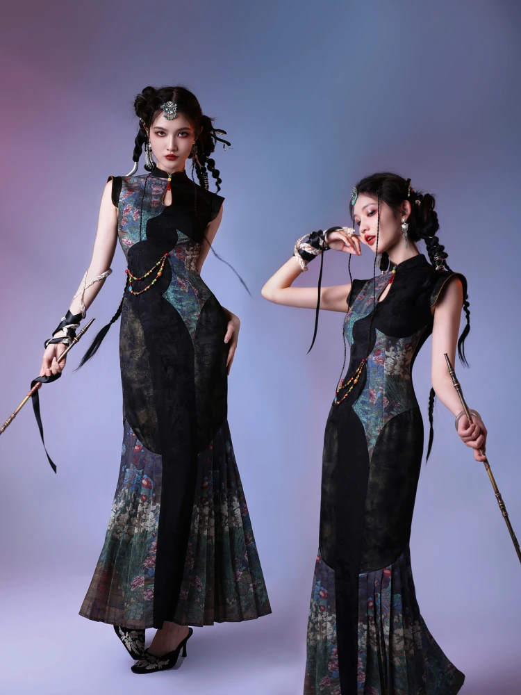 

Оригинальный дизайн, тяжелая вышивка, летнее длинное ципао с традиционным этническим узором, дышащее, с коротким рукавом