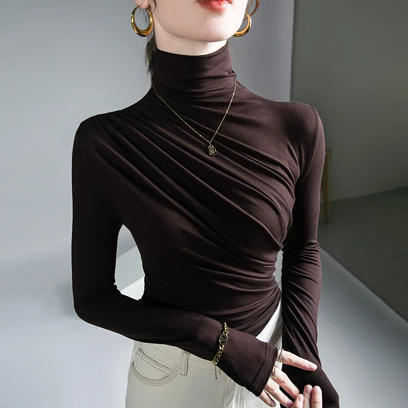 

2025 Design Pleated Top Temperament Autumn and Winter New Turtleneck Bottoming Shirt with Foreign Style Shirt Inside