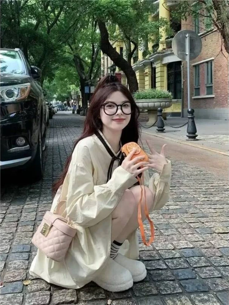 Abito francese vintage con maniche a palloncino Girly rilassato girocollo con fiocco e abito a trapezio smock Gonna silhouette mini bambola tono tè alla moda