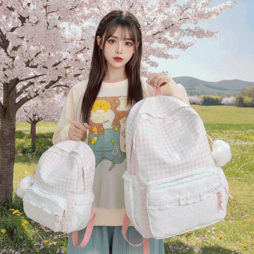 Korean Style Gingham Backpack Pastel Colors Ruffle Design Lace Schoolbag Adjustable Straps Polka Dot Plaid Daypack Middle School