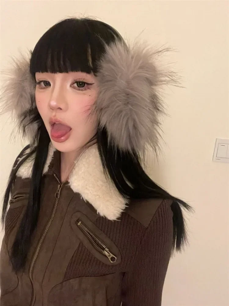 Japanese Y2k Fur Coat Women American Retro Brown Knitted Jacket Vintage Korean Style Zipper Winter 2000s Aesthetics