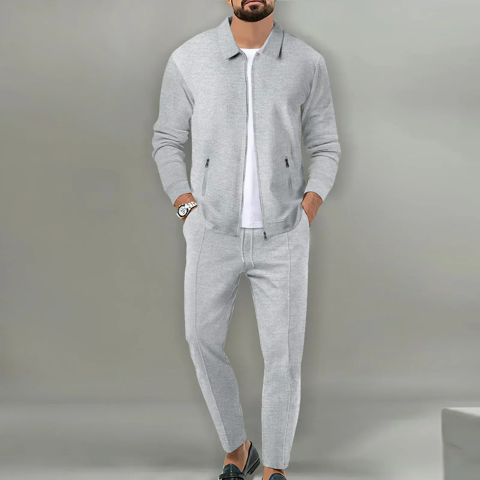 Men's Waffle Two Piece Suits Sets Casual Loose Lapel Zipper Coats and Pants Sets for Men Spring Autumn Long Sleeve Outfits
