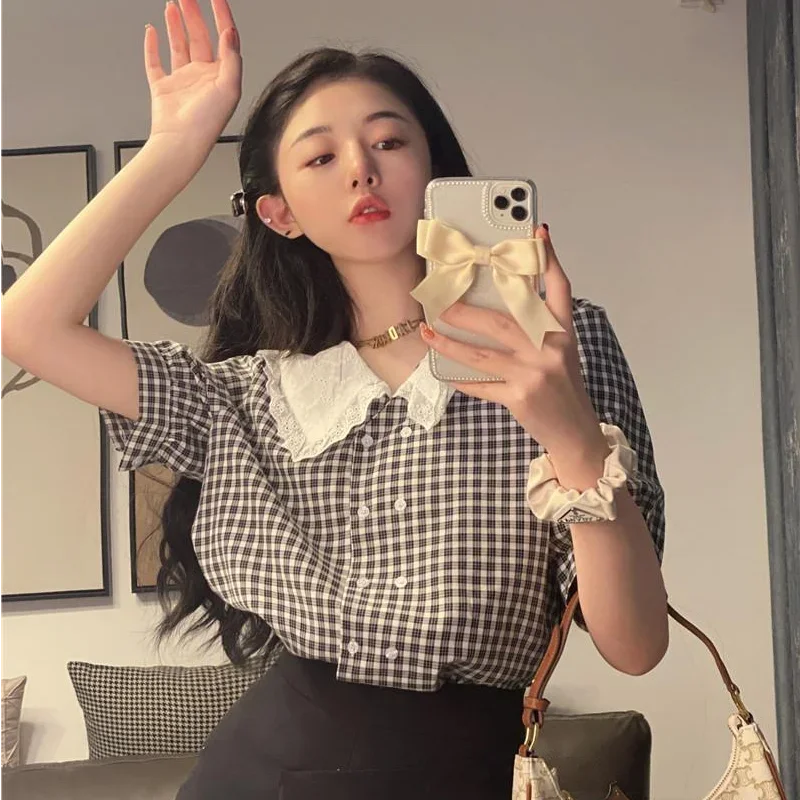 Plaid Shirts Women Peter Pan Collar Sweet Loose Lace Button Retro Puff Short Sleeve Blouses Design French Style Summer Mujer Top