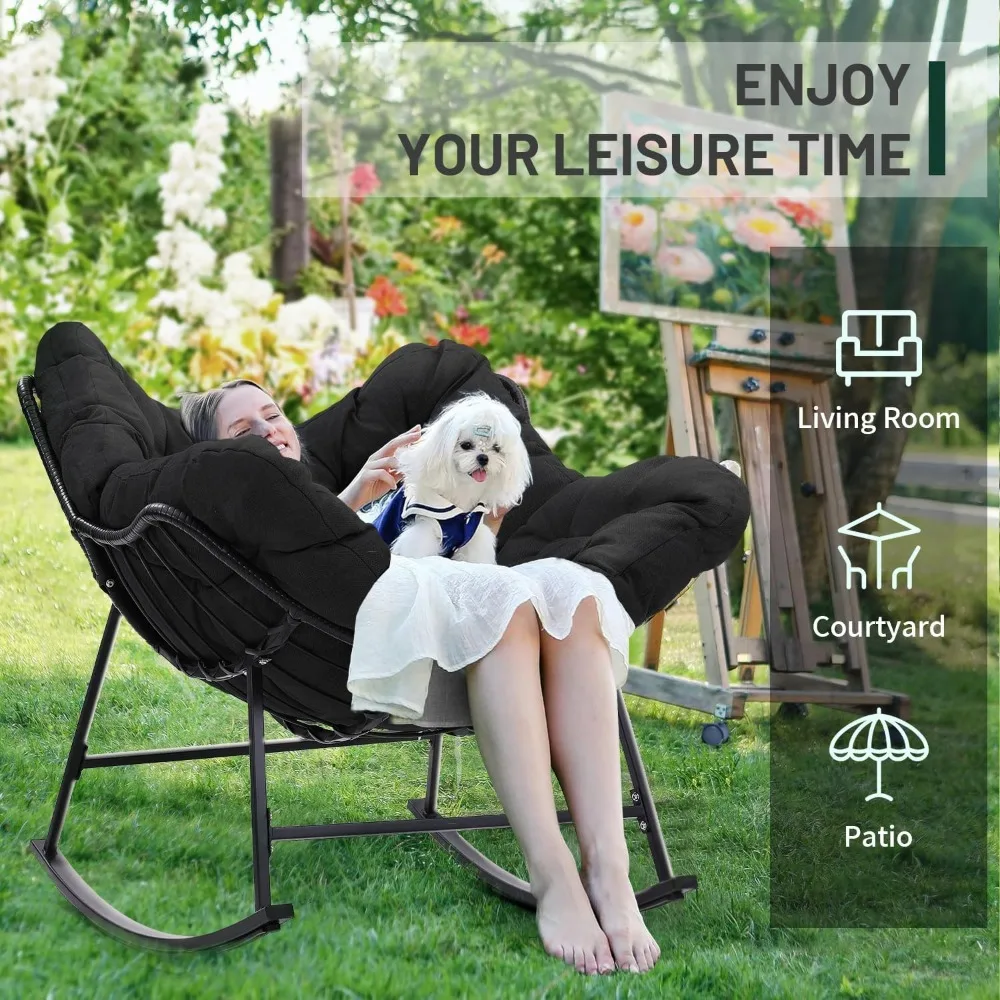 Large Rattan Rocking Papasan Chair, Indoor, Outdoor Rocker Chair, Wicker Rocker with Padded Cushion, Modern Egg Style