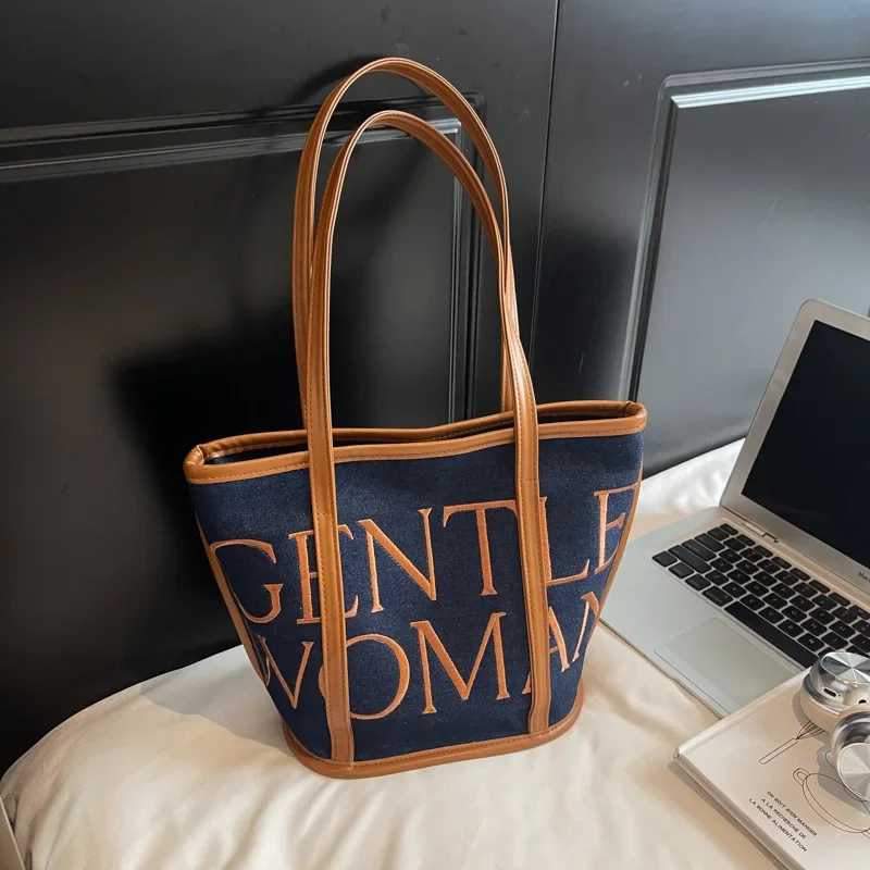 

2025 Denim Bucket Bag - Women's Embroidered Shoulder Purse, Summer Crossbody Hobo with Letter Design