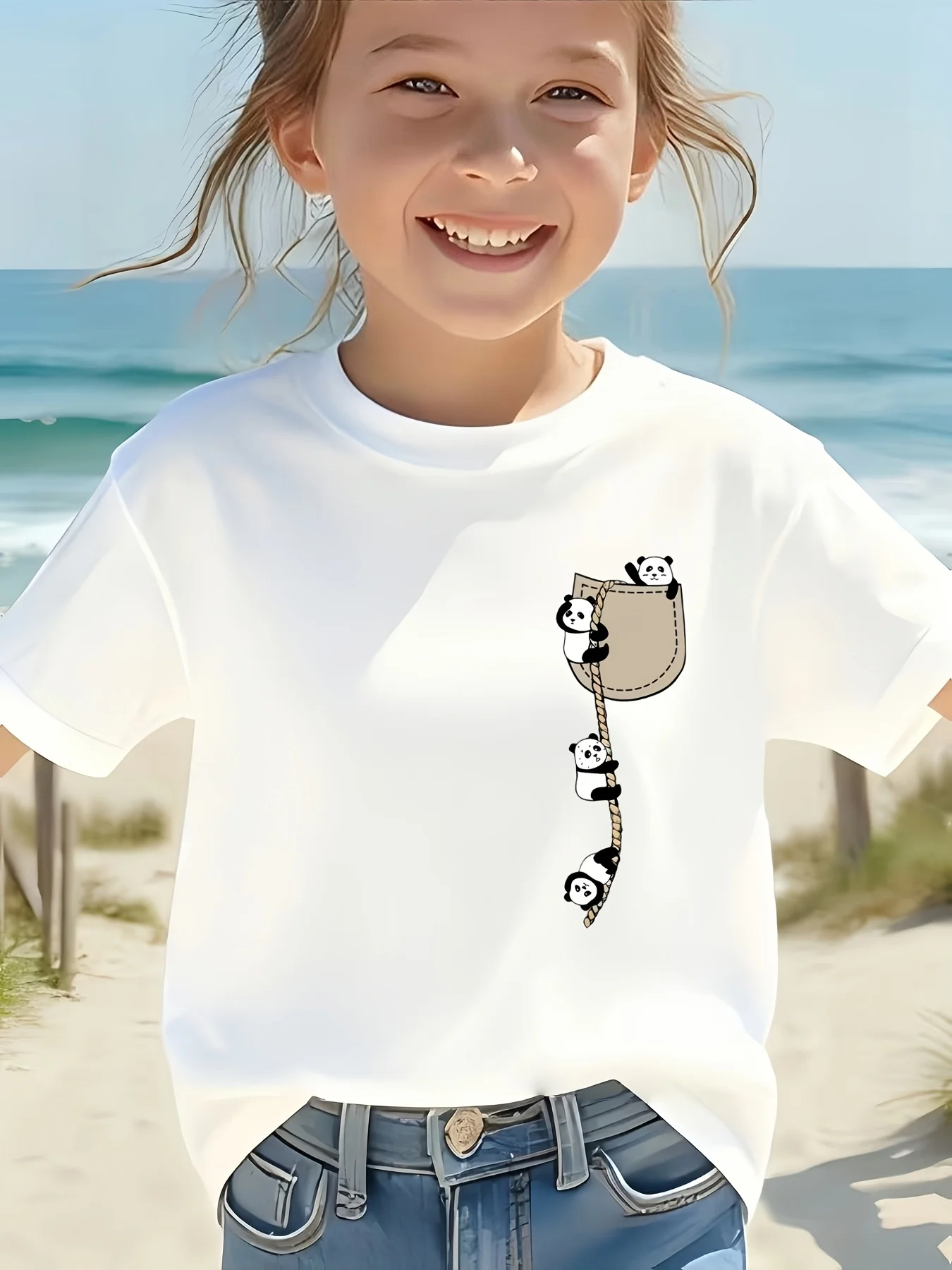 Cute Pocket Pandas Climbing Rope Print Family Matching T Shirt Boys Girls Soft Summer Short Sleeve Daily Casual Tees