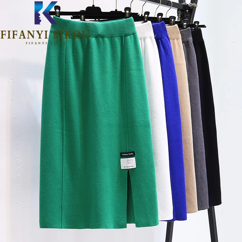 

Stretch Knit Skirt Women 2022 Autumn Winter Casual Fashion Split High Waist Long Skirt Female Elastic Wais Loose A-Line Skirts