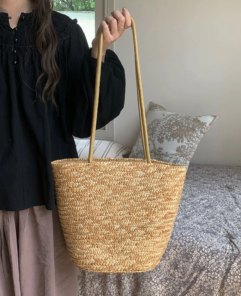 Retro Large Capacity Women\'s Knitted Shoulder Bag Summer Vacation Beach Tote Bags Natural Straw Woven Female Bucket Handbags