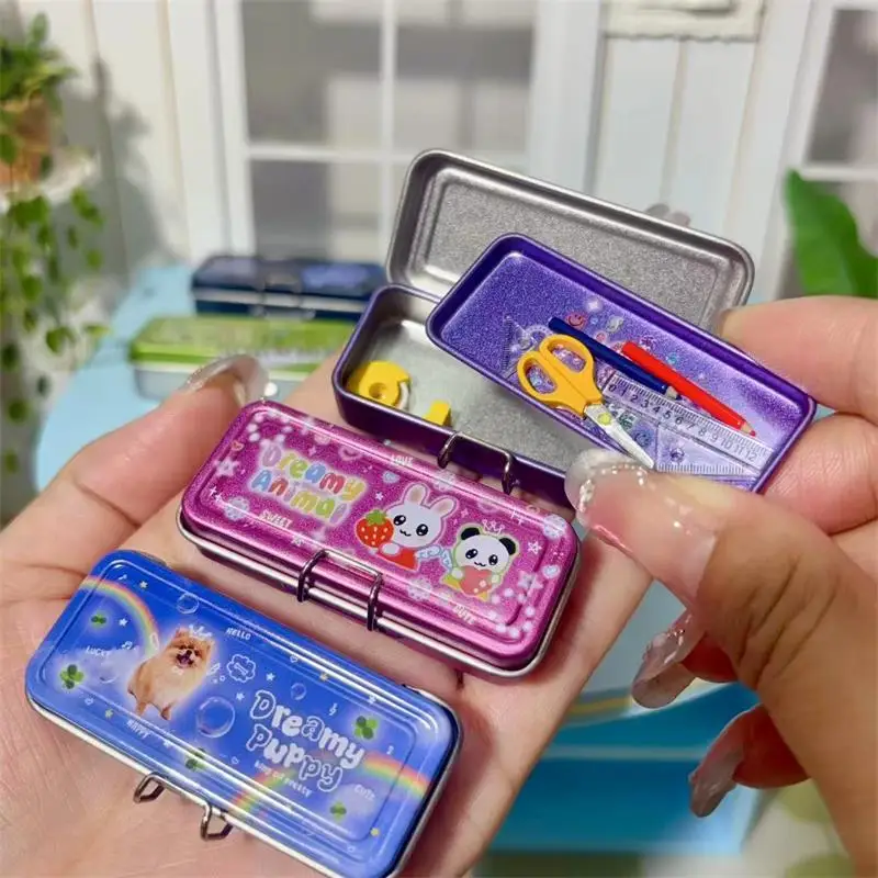 Dollhouse Miniature Double Layer Iron Pencil Box Pen Ruler Measuring Tape Scissors Model Micro Landscape Decor Pretend Play Toy view 4