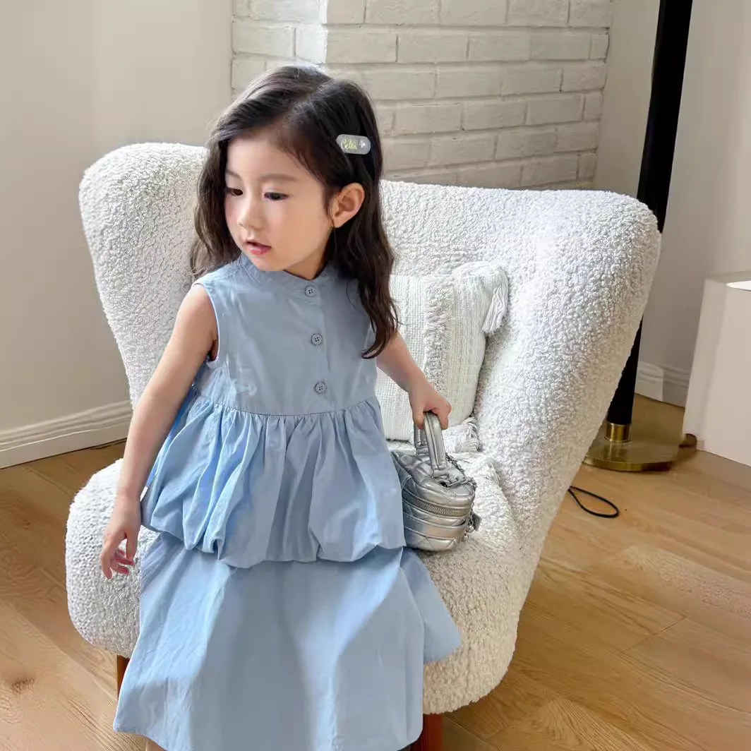 Girls Summer Dress 2024 New Korean Style Children Solid Color Cute Dress Female Treasure Cotton Small Fresh Skirt Clothes