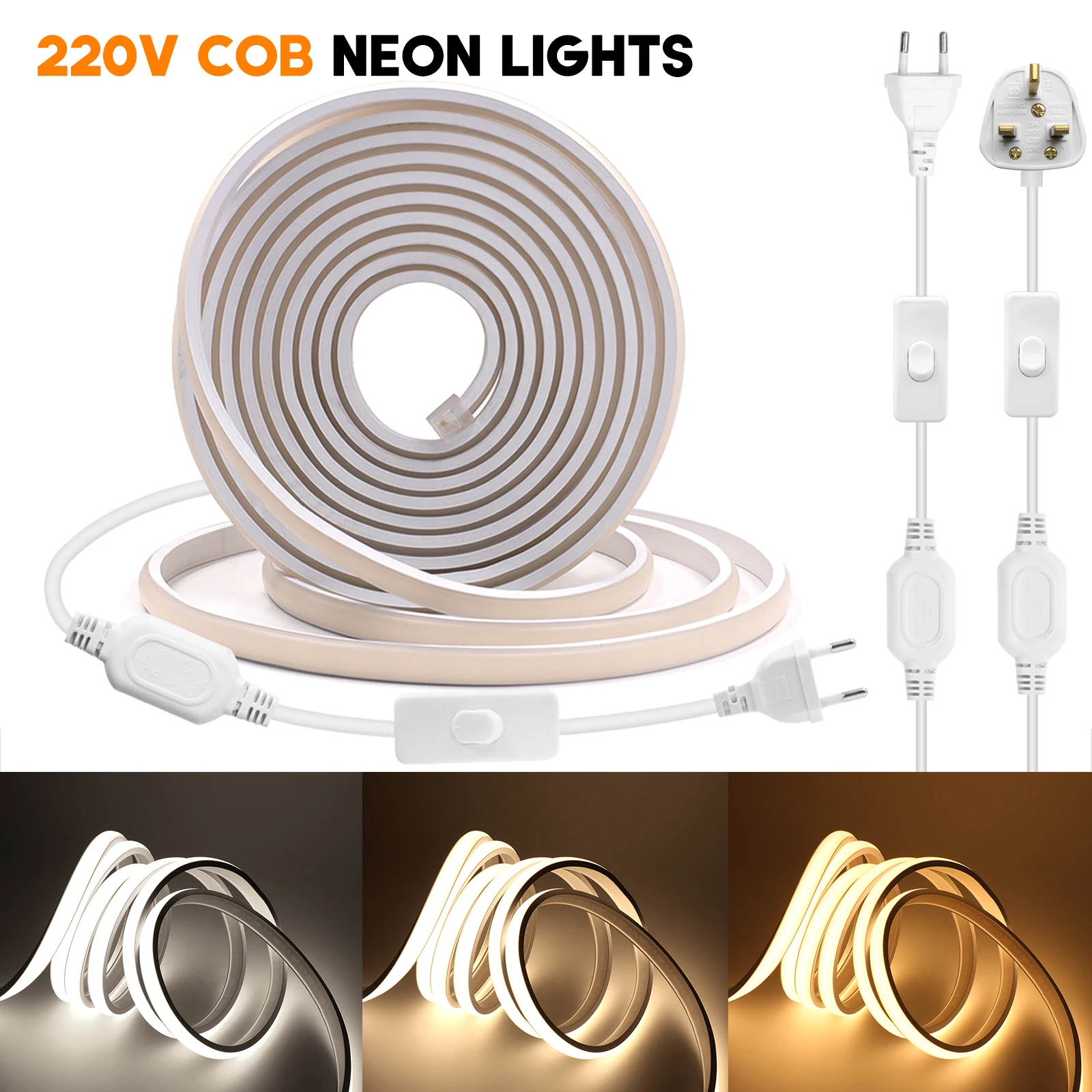 COB LED Strip 220V High Brightness 288LEDs/m Neon Light with ON/OFF Switch EU/UK Plug 3000K 4000K 6000K Waterproof Flexible Tape