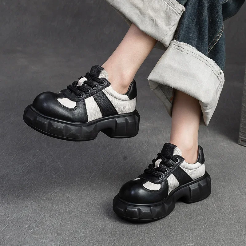 Careaymade-Cow Genuine Leather Women Spring Lace Up Platform Wedge Autumn Flats Mixed Color Rubber Elthnic Retro Comfy Shoes