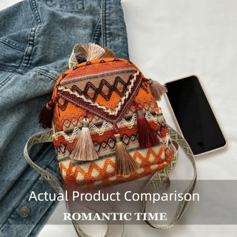 جديد شرابة المنسوجة حقيبة مزدوجة نمط فريد من نوعه المنسوجة الملمس حقيبة من القماش نمط العرقية على ظهره المرأة #2