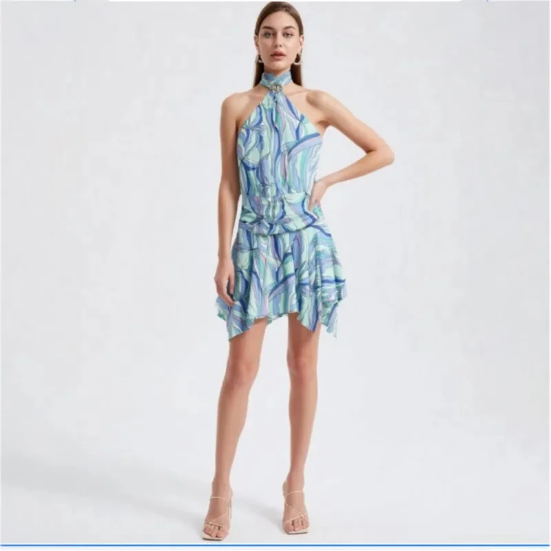 2026 Women's Summer New Fashion Vacation Chic Abstract Print  Mini Dress Halter Neck Sleeveless Ruched Waist Elegant Dresses