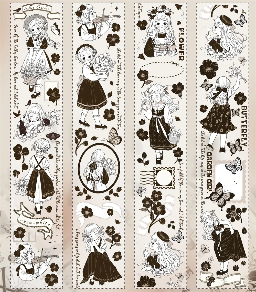 Fitas originais Washi para Scrapbooking, adesivos para diário e Scrapbooking, fundo PET, flores e meninas, jardim e flor, estilo preto, 5cm x 5m, Yier