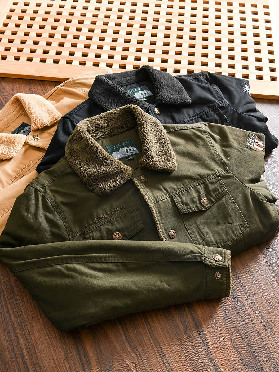 

American Retro Men's Thickened Fleece Lined Pure Cotton Workwear Jacket Autumn Winter Outerwear Fashion Urban Style Standard Fit