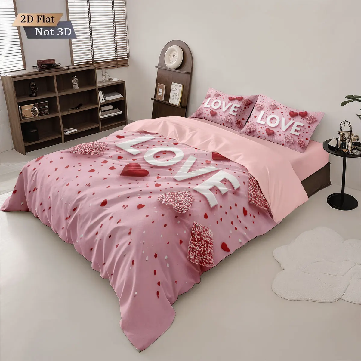3pcs Valentine's Day Pink Heart Print Coreless Down Duvet Cover Set Multi Size Bedroom Bedding Decoration Machine Washable