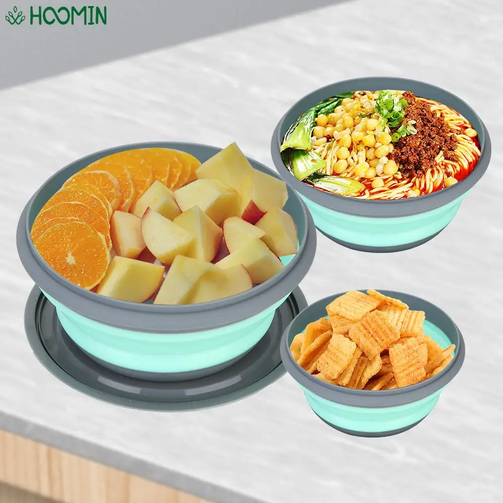 3Pcs/Set Foldable Salad Bowl Bowl Sets Food Container Tableware Set Portable Silicone Folding Lunch Box with Lid Folding Bowl