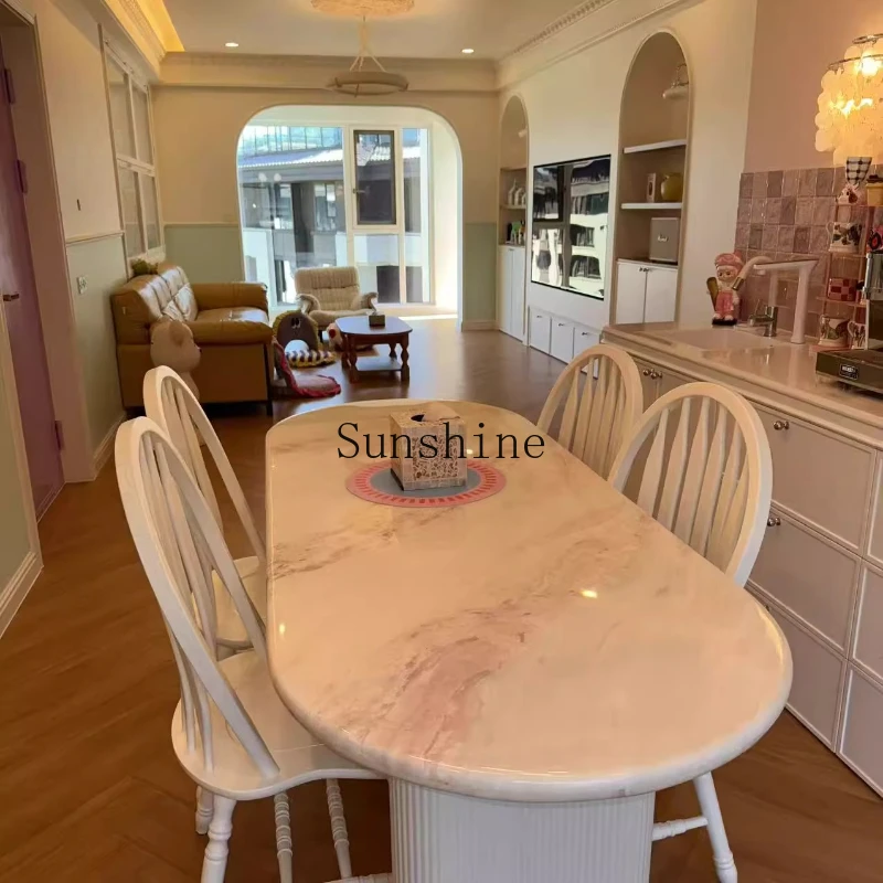 

French retro light luxury cream style restaurant oval pink marble dining table