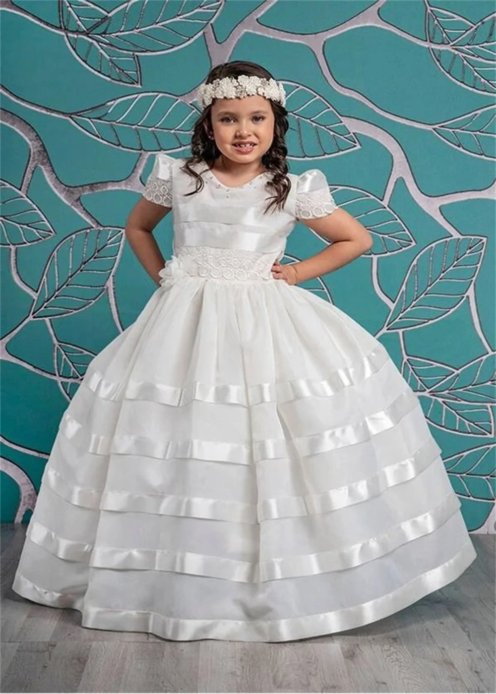 

Elegant Flower Girl Dress Short Sleeve Lace Appliqued Baby Kids Birthday Prom Baptism Princess Ball Gown First Communion Dress