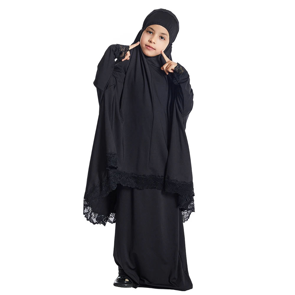 

Eid Djellaba Lace Hijab Dress Kids Girls Hooded Khimar Muslim Sets Prayer Garment Abaya Burqa Skirt Robe Islam Clothing Jalabiya