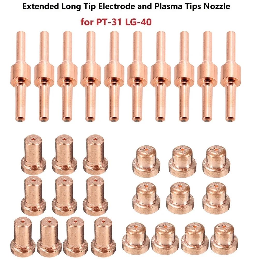 10pcs Extended Long Tip Electrode & Plasma Cutter Nozzles For PT31 LG40 40A For LG-40  For PT-31 Cutting Torch CUT40 For CUT50