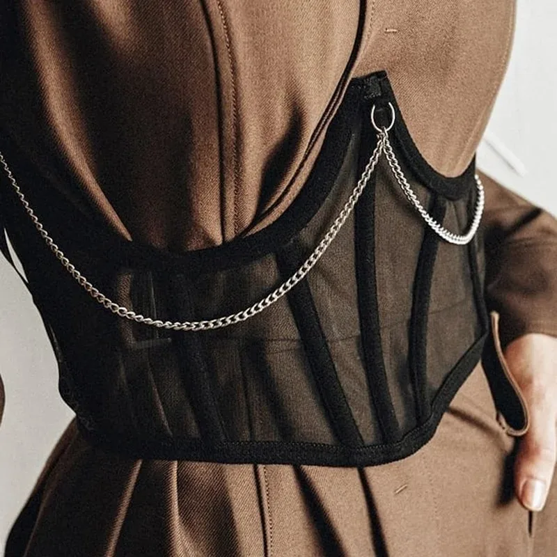 

Punk Metal Chain Black Corset Mall Goth High Waist Corsets Harajuku Vintage Mesh See Through Waist Shaper Corsets 2023