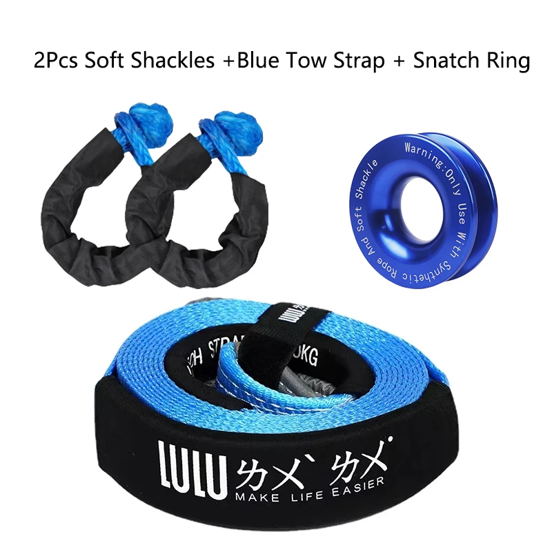 2Pcs Soft Shackles +Blue Tow Strap + Snatch Ring 5M8T Tow Rope Super Thick Sheath Strong Car Off-road Car Trailer Belt