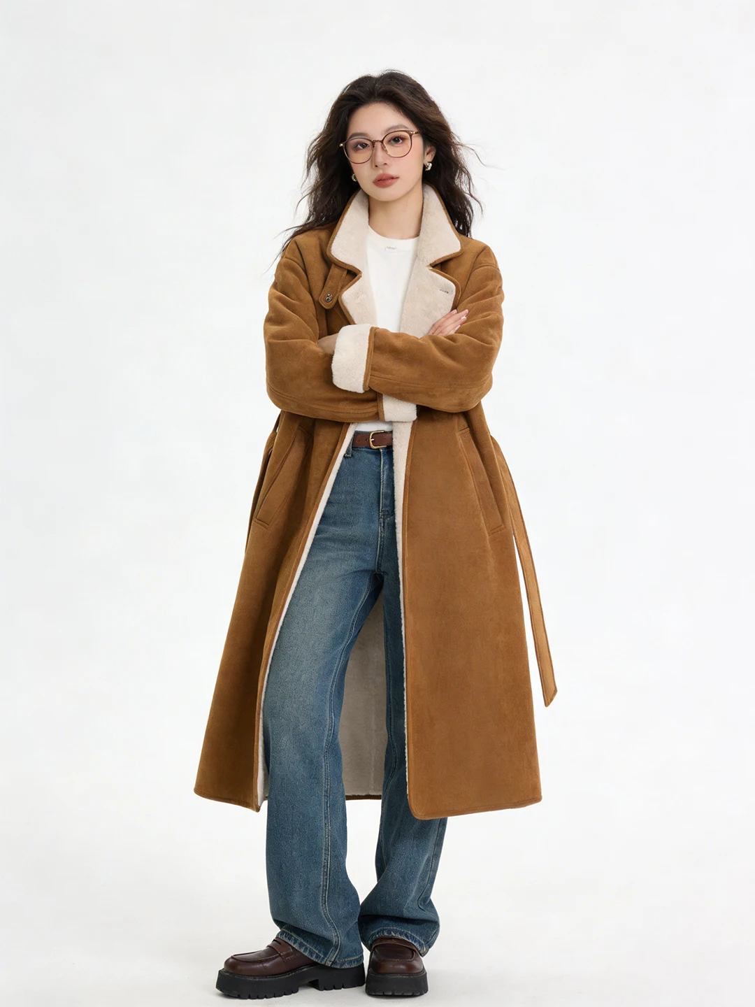 

Hebe Sle Long Suede Jaet Faux Fur Lined Warm High Quali Slimming Leather And Fur Inteated Coat Korean Straight Tube pe